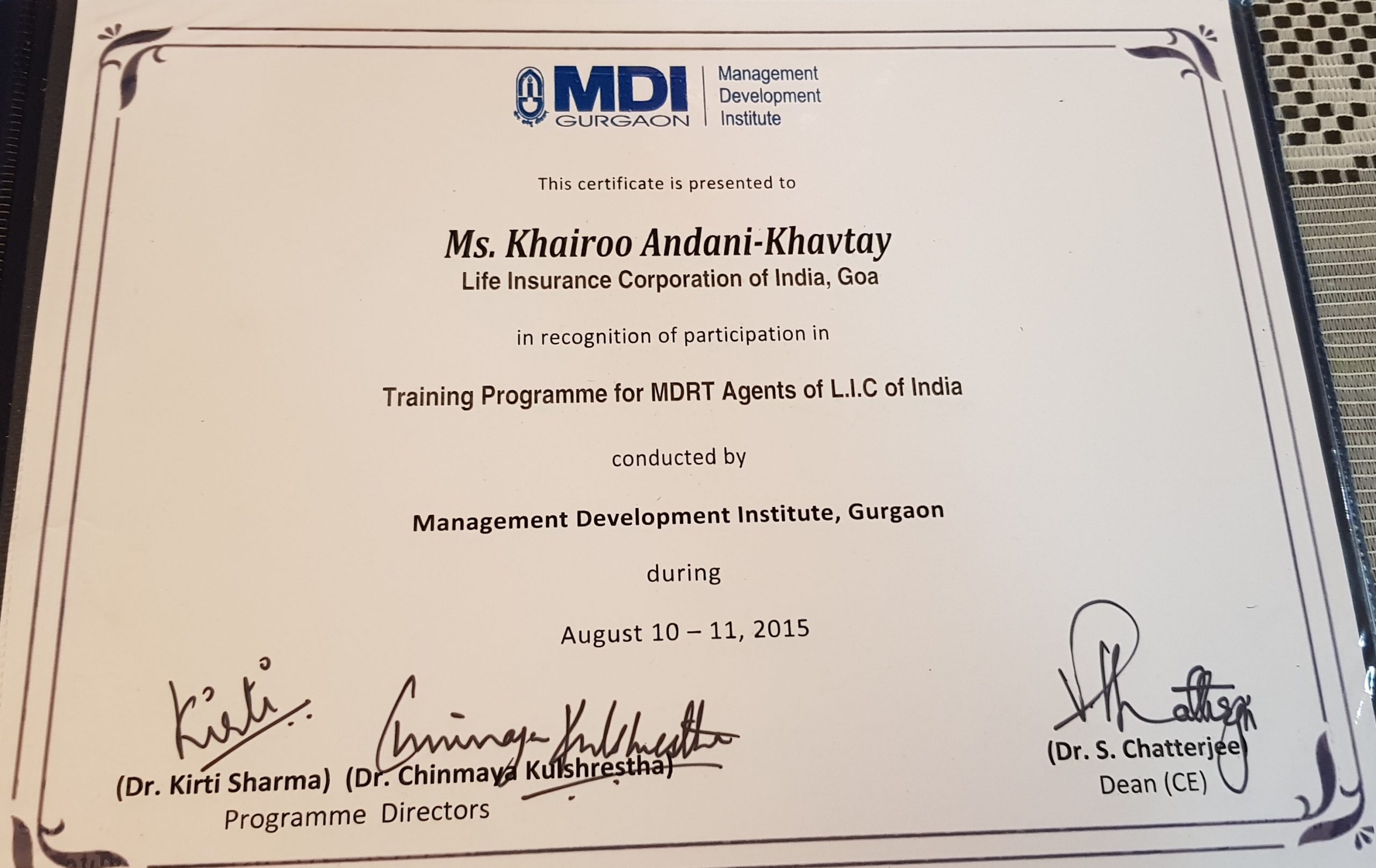 Certificate of management development institute delhi MDI in 2015