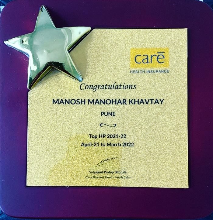 Care health awards to Manosh Khavtay for highest perfromance for the year 2021-22