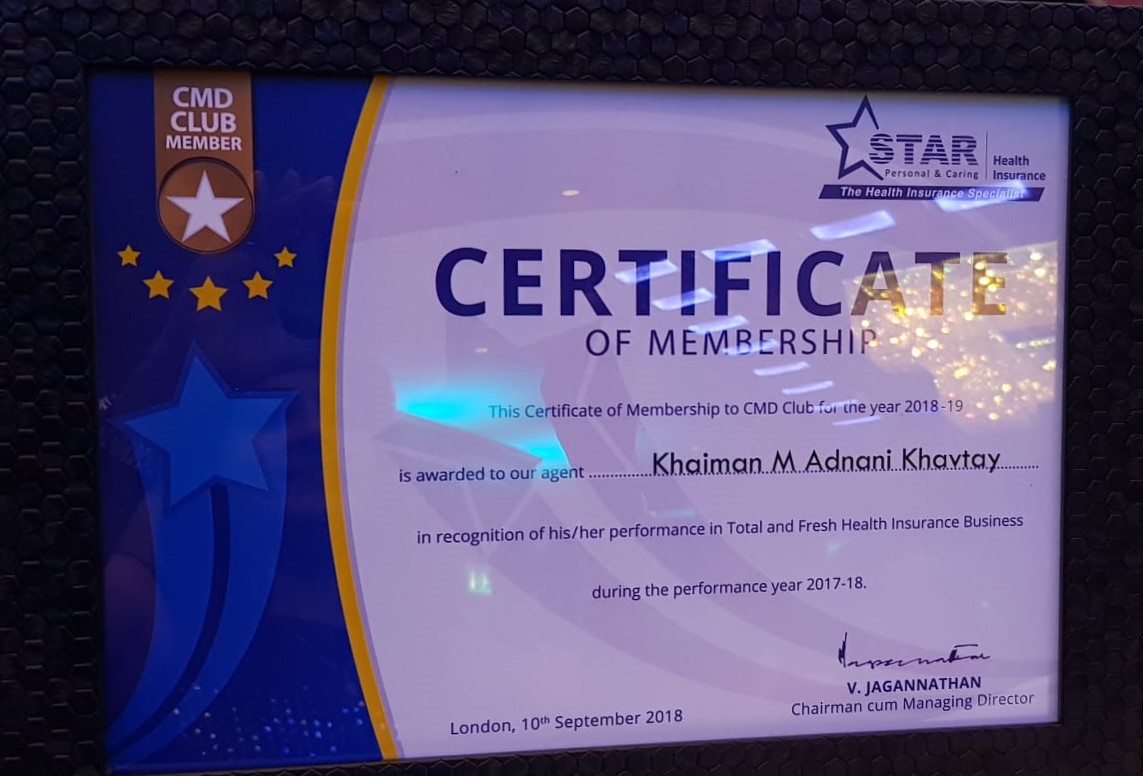 Membership Certificate to CMD club 2018-2019 given to Khaiman Adani Khavtay