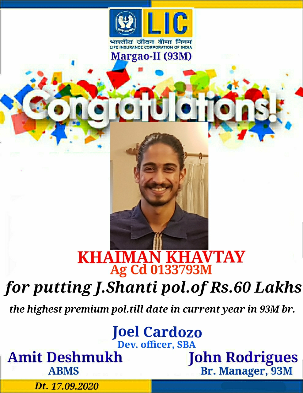 Poster made by margao branch for Khaiman Khavtay for highest premium in 2020