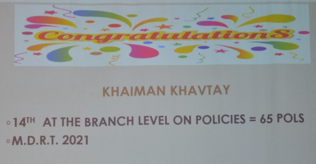 Mdrt certificate For Khaiman Khavtay for being 14th at the branch level of Policies=65pols in 2021