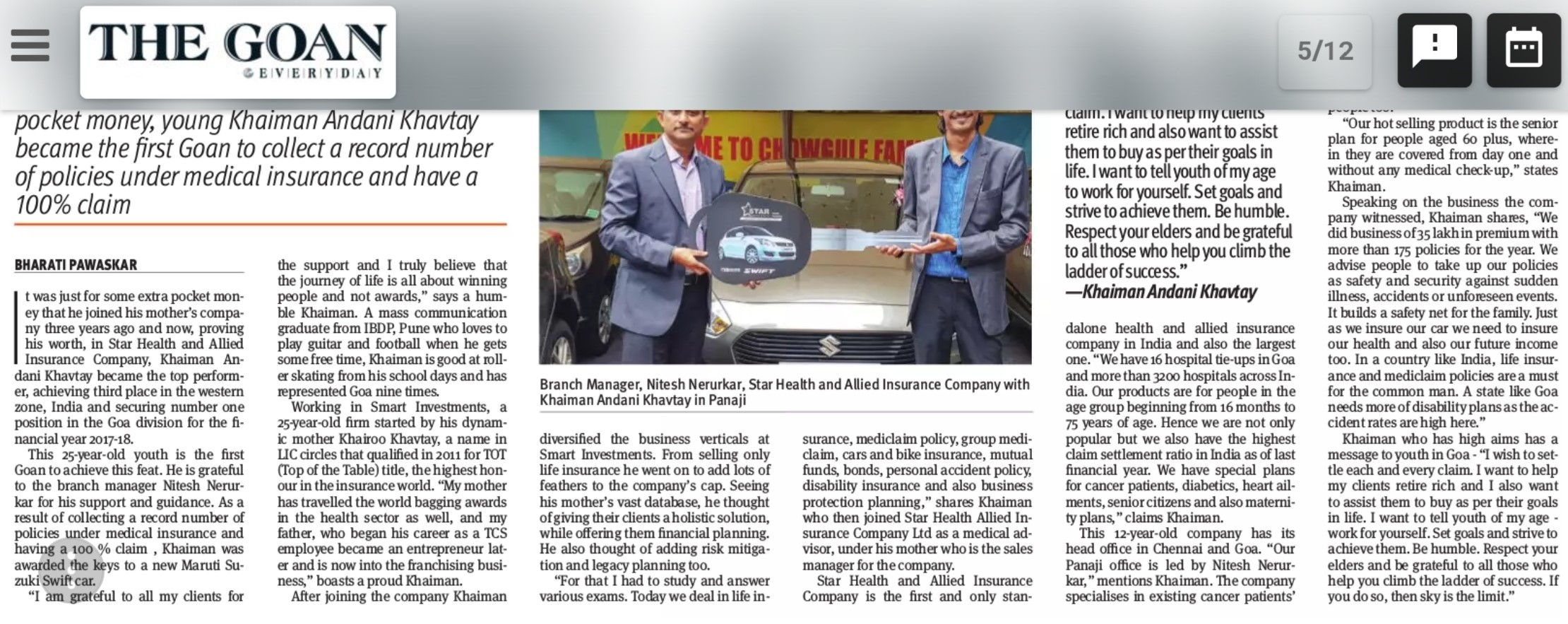 The goan newspaper covered the Car Award News for collecting a record number of policies and 100% claim