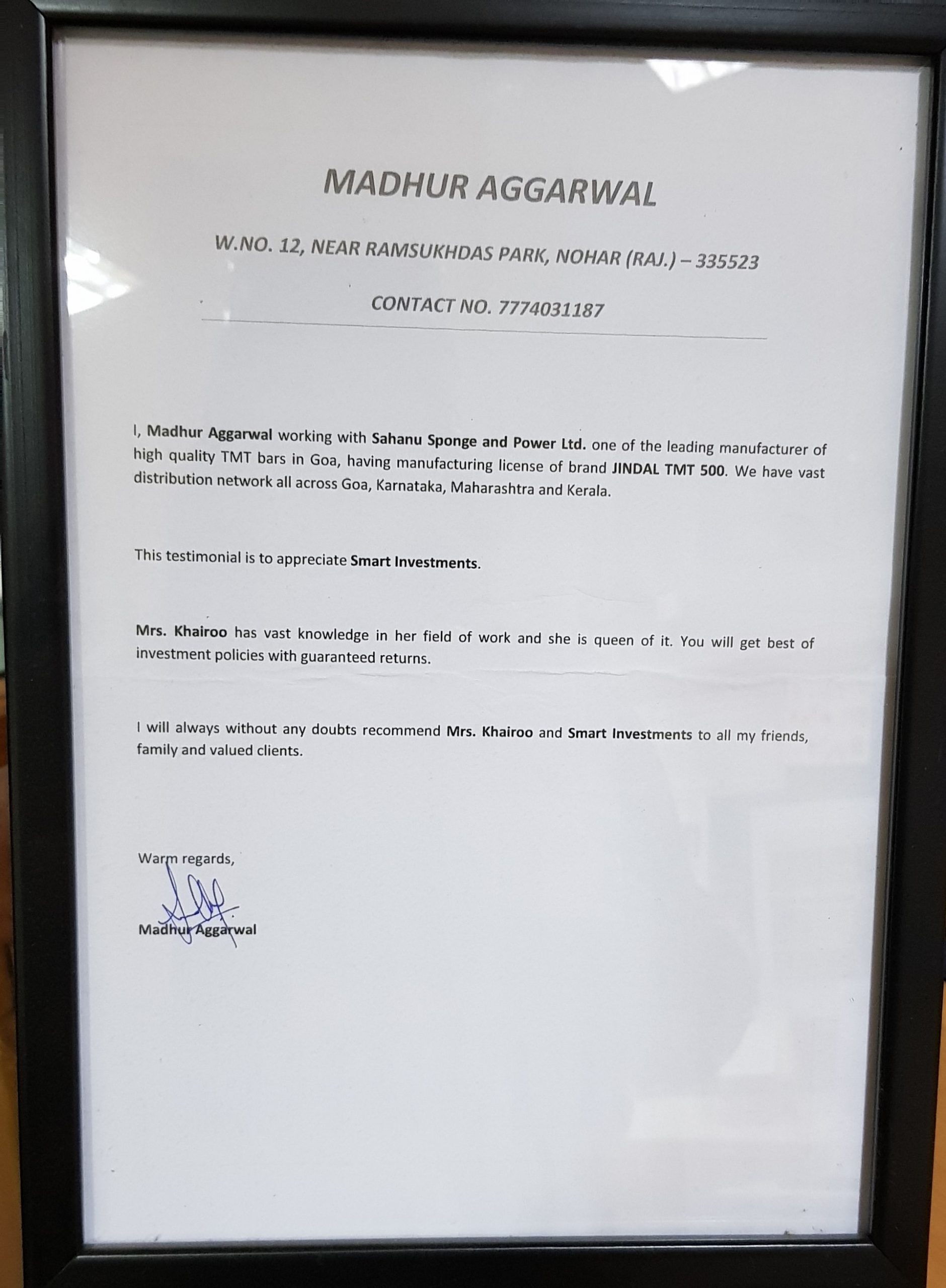 Testimonial from Madhur Agarwal for his financial planning september 2019