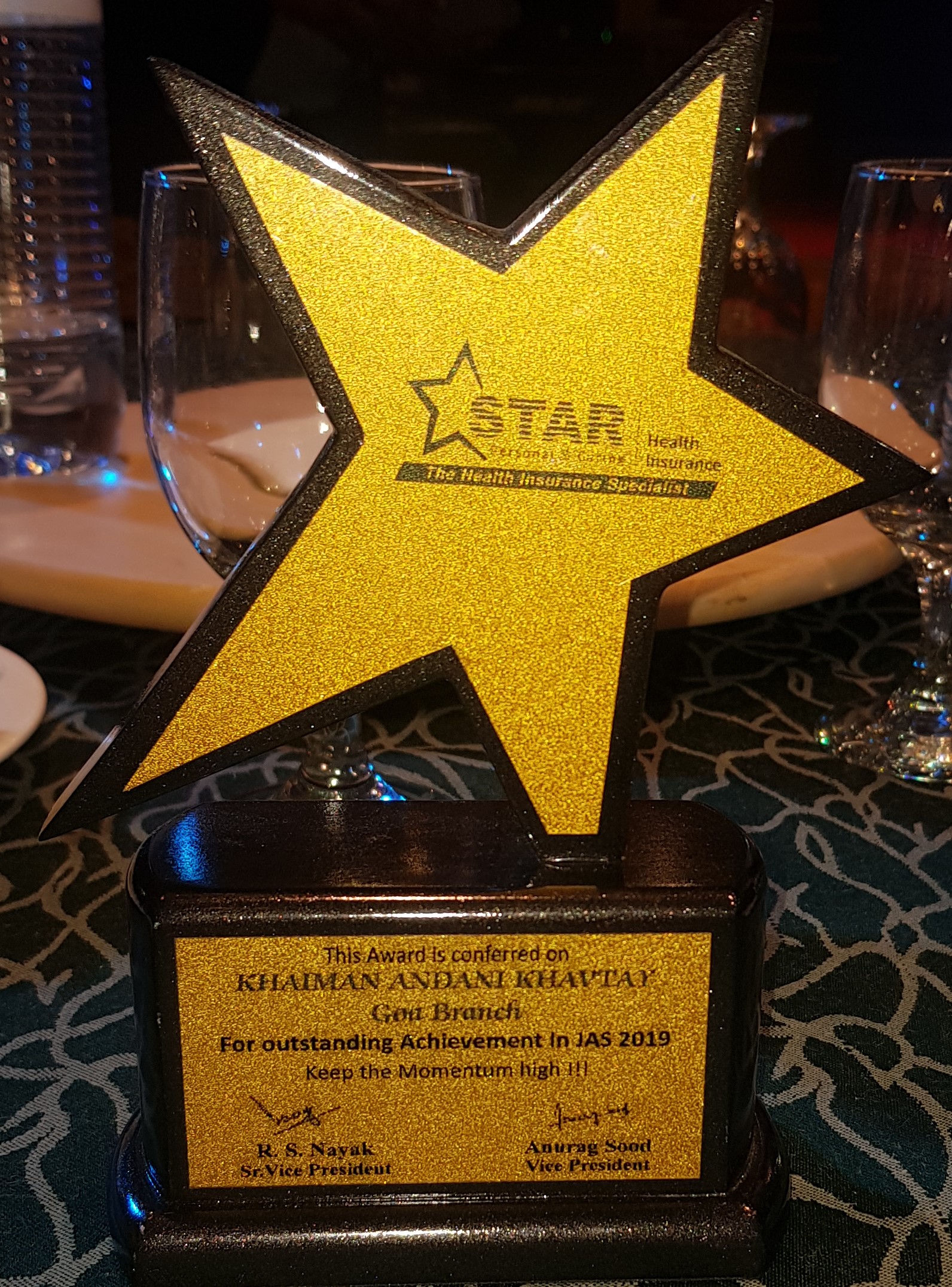 Star health award to Khaiman andani Khavtay for Outstanding Performance in jan to march 2019